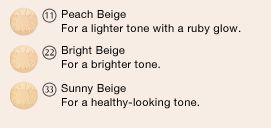 11 Peach Beige For a lighter tone with a ruby glow. 22 Bright Beige For a brighter tone. 33 Sunny Beige For a healthy-looking tone.